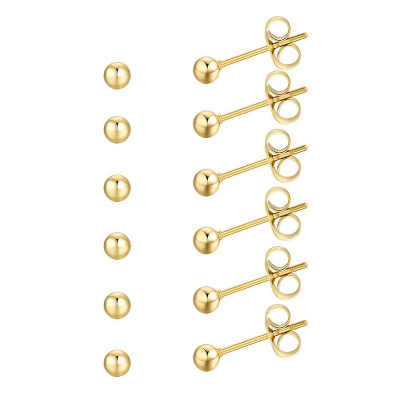 FOSIR 6 Pair Tiny Women 14K Gold Plated Ball Stud Earrings Surgical Stainless Steel Earrings Set (3mm, Gold) - Image 2